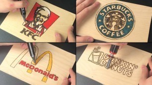 'Fast Food Brand Logos Pyrography Art - McDonald\'s, Starbucks, KFC, Dunkin Donuts'