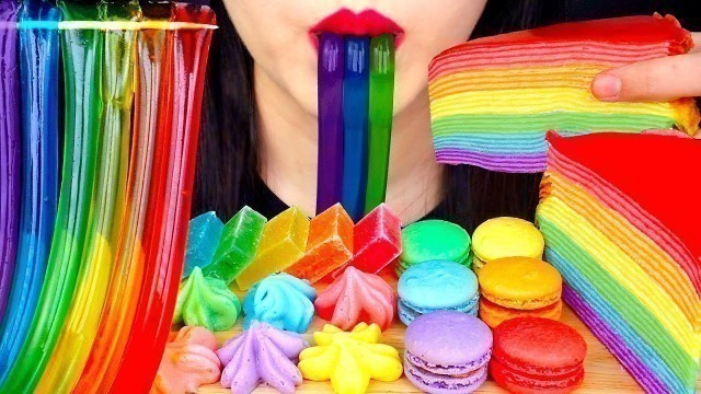 'ASMR RAINBOW JELLY NOODLES, JEWEL CANDY, CREPE CAKE 무지개 젤리국수, 크레이프 케이크 먹방 MOST POPULAR FOOD MUKBANG'