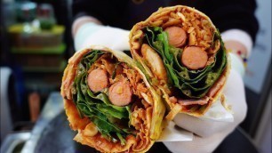 'Chinese pancake, Egg Crepe Sandwich, Korean street food (Sausage+Bacon+Chicken+Romaine)'