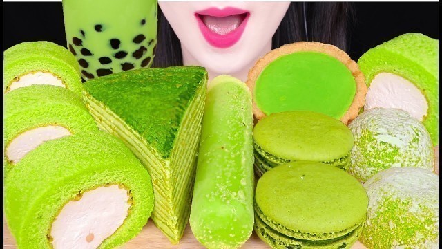 'ASMR GREEN FOOD *BOBA GREEN TEA, ICE BAR, GREN TEA CREPE CAKE 녹차 디저트, 크레이프, 아이스크림 먹방 JANE ASMR 제인'