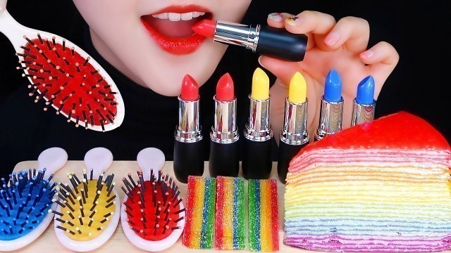 'ASMR RAINBOW FOOD ASMR EDIBLE LIPSTICK, EDIBLE HAIR BRUSH, RAINBOW CREPE, JELLY MUKBANG'