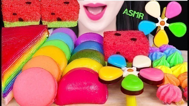 'ASMR RAINBOW FOODS *WATERMELON SQUARE, RICE CAKE, CREPE CAKE 무지개 바람떡, 수박떡, 바람개비 초콜릿 먹방 JANE ASMR 제인'