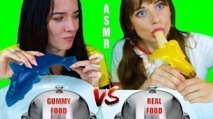 'ASMR GUMMY FOOD VS REAL FOOD CHALLENGE (Shark, Corn, Pretzel, Banana, Spaghetti) EATING SOUNDS'