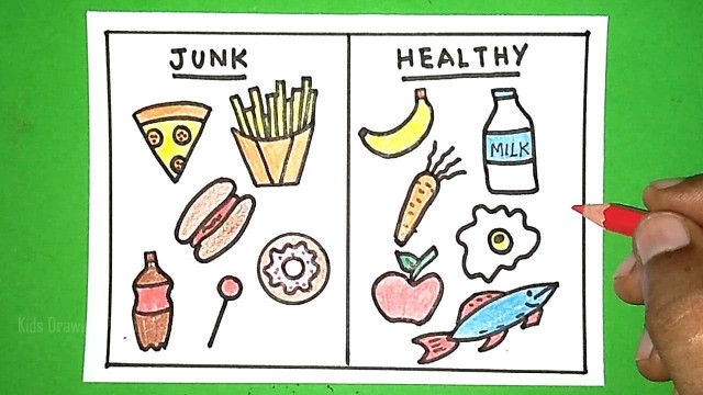 'Junk food and healthy food Drawing | Healthy food Drawing | Junk food Drawing'