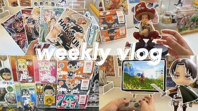 'manga & nendoroid shopping, anime haul, playing genshin impact, food, drawing 