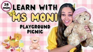 'Learn With Ms Moni | First Words, Food, Animals, Colours | 5 Little Ducks, Ants Go Marching & More'