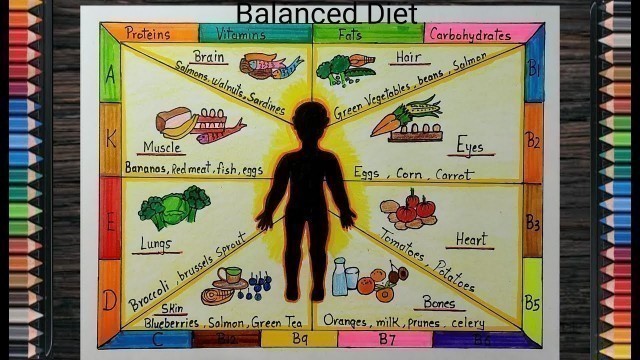 'Balanced diet chart drawing for school project l How to draw a chart of balanced diet step by step'