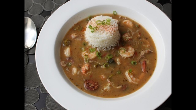 'Duck Sausage Shrimp Gumbo Recipe - Cajun Gumbo with Andouille, Duck Leg, Shrimp and Langoustine'