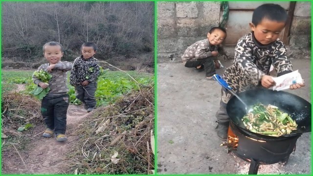 'Cute , Rural life little boy cooking food 조리 クック'