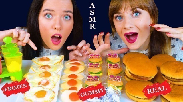 'ASMR GUMMY BURGER AND GUMMY EGGS (GUMMY FOOD, FROZEN FOOD VS REAL FOOD) EATING SHOW LILIBU'