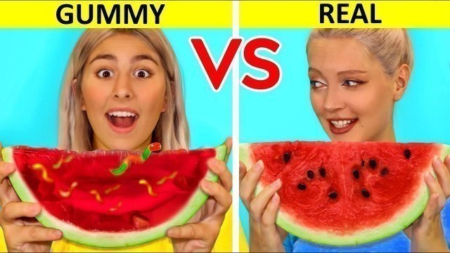 'REAL FOOD VS GUMMY || Eating Gummy Watermelon! Yummy Food Challenges by QWE girls'