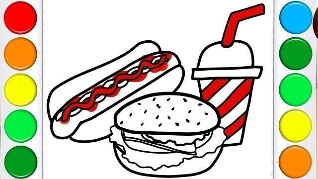 'How to Draw Easy Hot Dog Hamburger Soda| Learn Colors Cute Food'