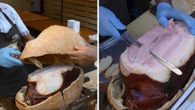 'Slicing Ham Cooked inside Bread Crust. Italy Street Food'