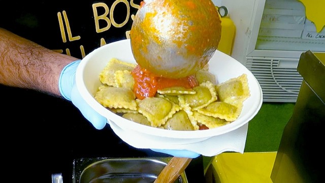 'Italy Street food. Cooking Ravioli Dumplings, Meat Skewers and More'