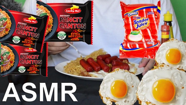 'ASMR MUKBANG PINOY BREAKFAST FOOD (LuckyMe Pancit Canton, Tender Juicy Hotdog, Fried Eggs)'