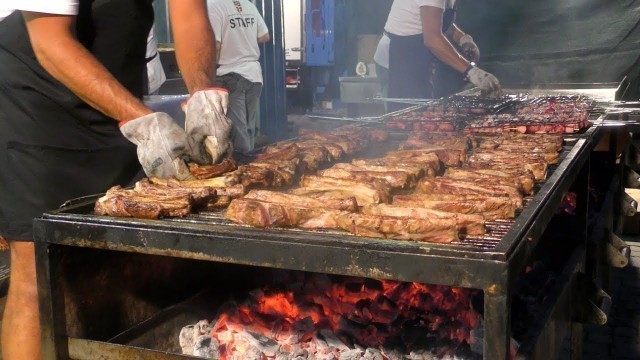 'Italian Ribs Festival. MAXI Grill of Ribs, Sausages and Skewers. Italy Street Food'