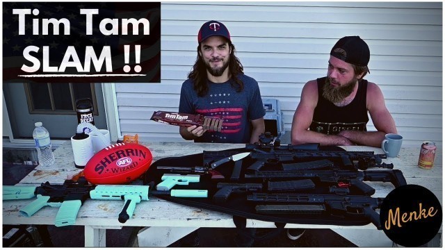 'AMERICANS TRY AUSTRALIAN SNACKS!! Tim Tam Slam + Footy Fun + Pew Pew.'