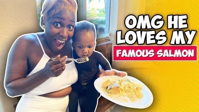 'My 6 Month Old Baby Eats Salmon & Mash Potatoes  *He\'s Finally Crawling*'