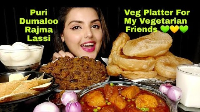 'Eating Soft Puri/Luchi With Dum Aloo | Rajma Chawal | Sweets | Veg Food Mukbang 