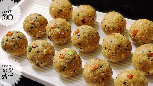 'Protein, Calcium & Iron-rich Gud ke Laddu - Til, Mungfali and Chana Dal Laddu/ Jaggery Laddu Recipe'