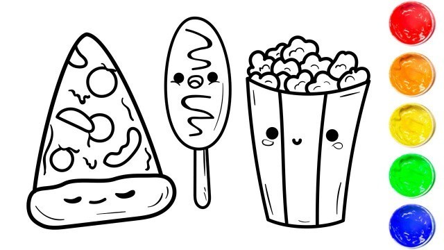 'Coloring Cute Food Pizza, Corn Dog and Popcorn | How to Color'