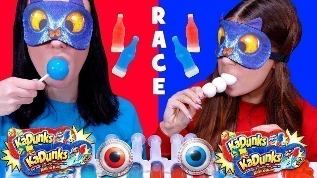 'Red Food VS Blue Food Candy Race Challenge With Closed Eyes By LiLiBu'